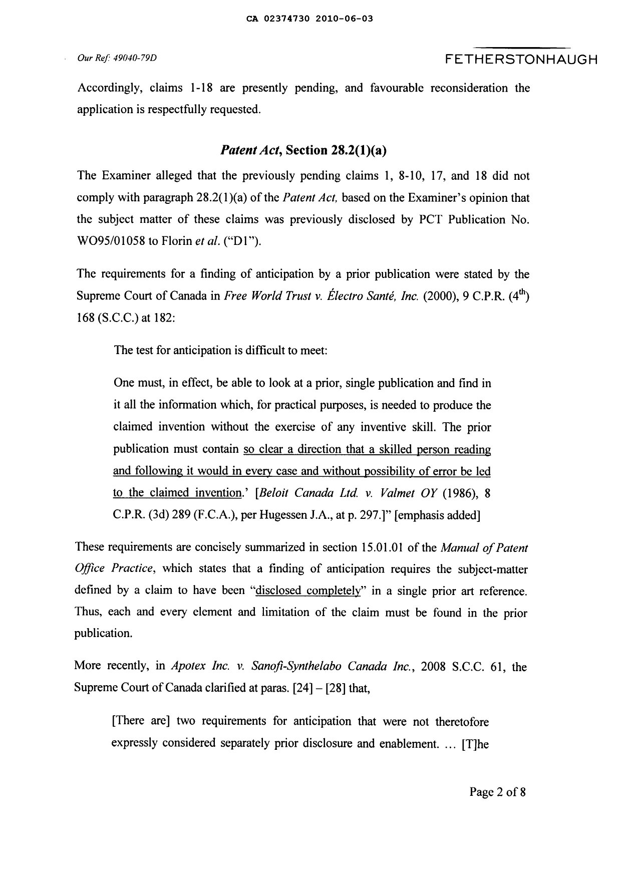 Canadian Patent Document 2374730. Prosecution-Amendment 20091203. Image 2 of 14