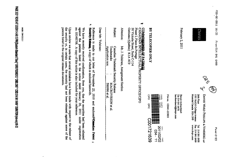 Document de brevet canadien 2374730. Cession 20110202. Image 1 de 23
