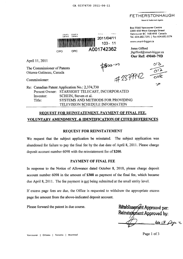 Canadian Patent Document 2374730. Correspondence 20110411. Image 1 of 3