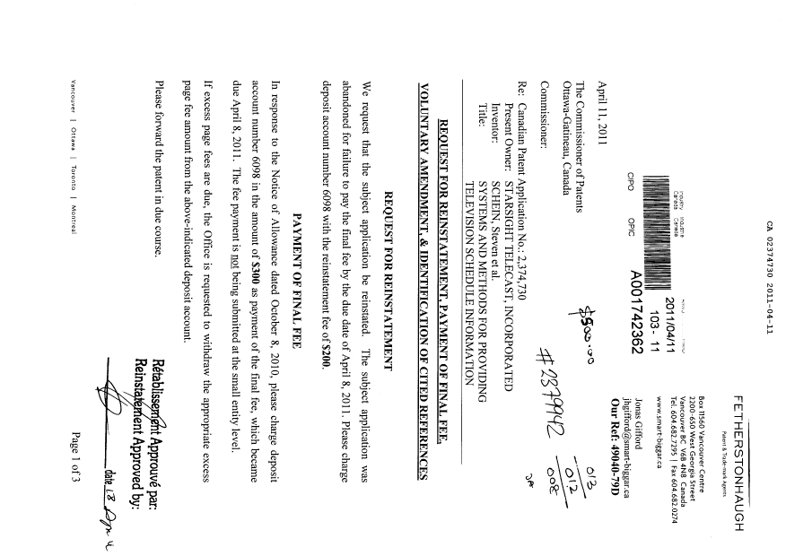 Document de brevet canadien 2374730. Poursuite-Amendment 20110411. Image 1 de 50