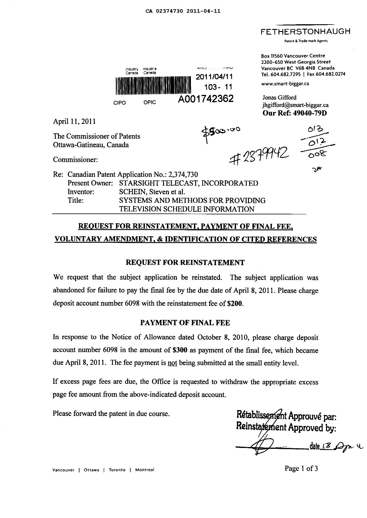 Document de brevet canadien 2374730. Poursuite-Amendment 20110411. Image 1 de 50