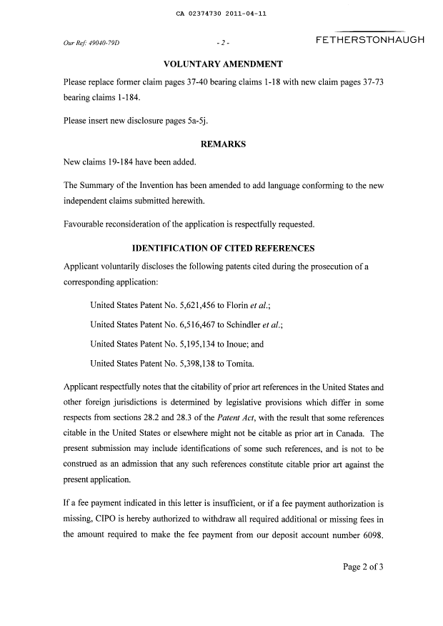 Document de brevet canadien 2374730. Poursuite-Amendment 20110411. Image 2 de 50