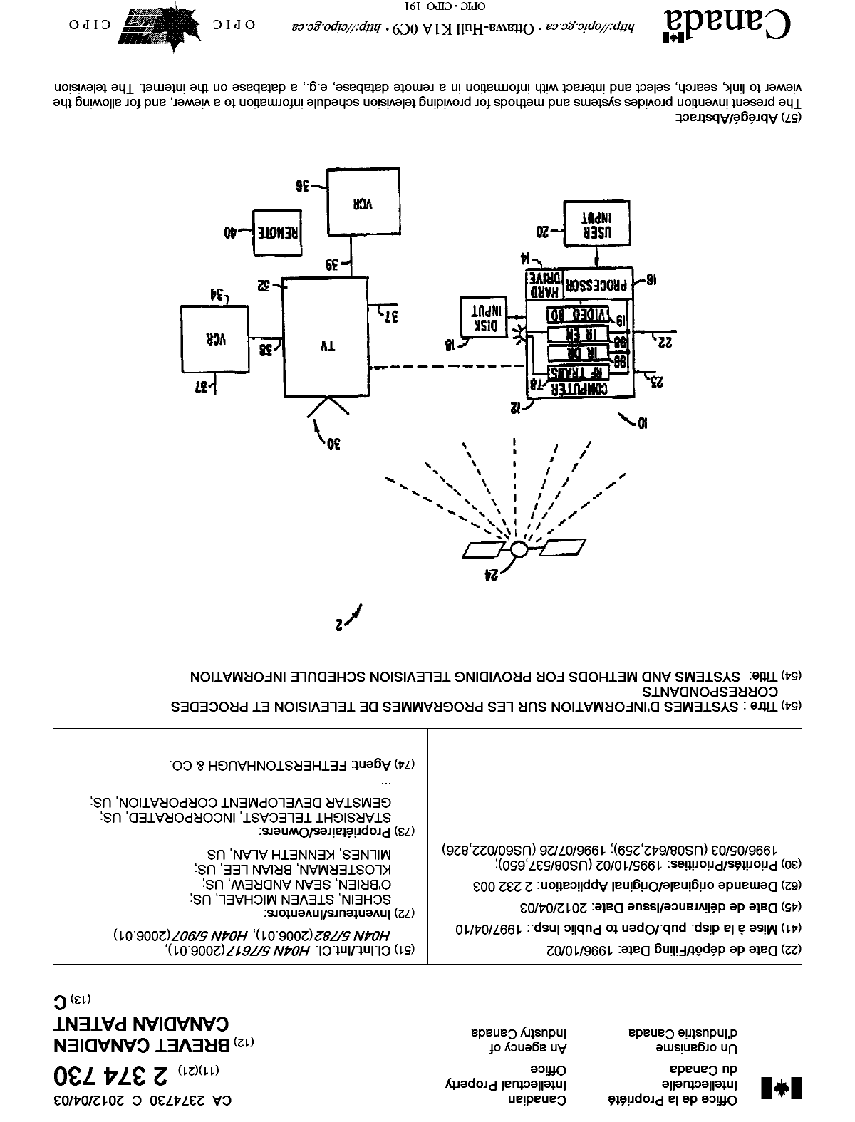 Canadian Patent Document 2374730. Cover Page 20111206. Image 1 of 2