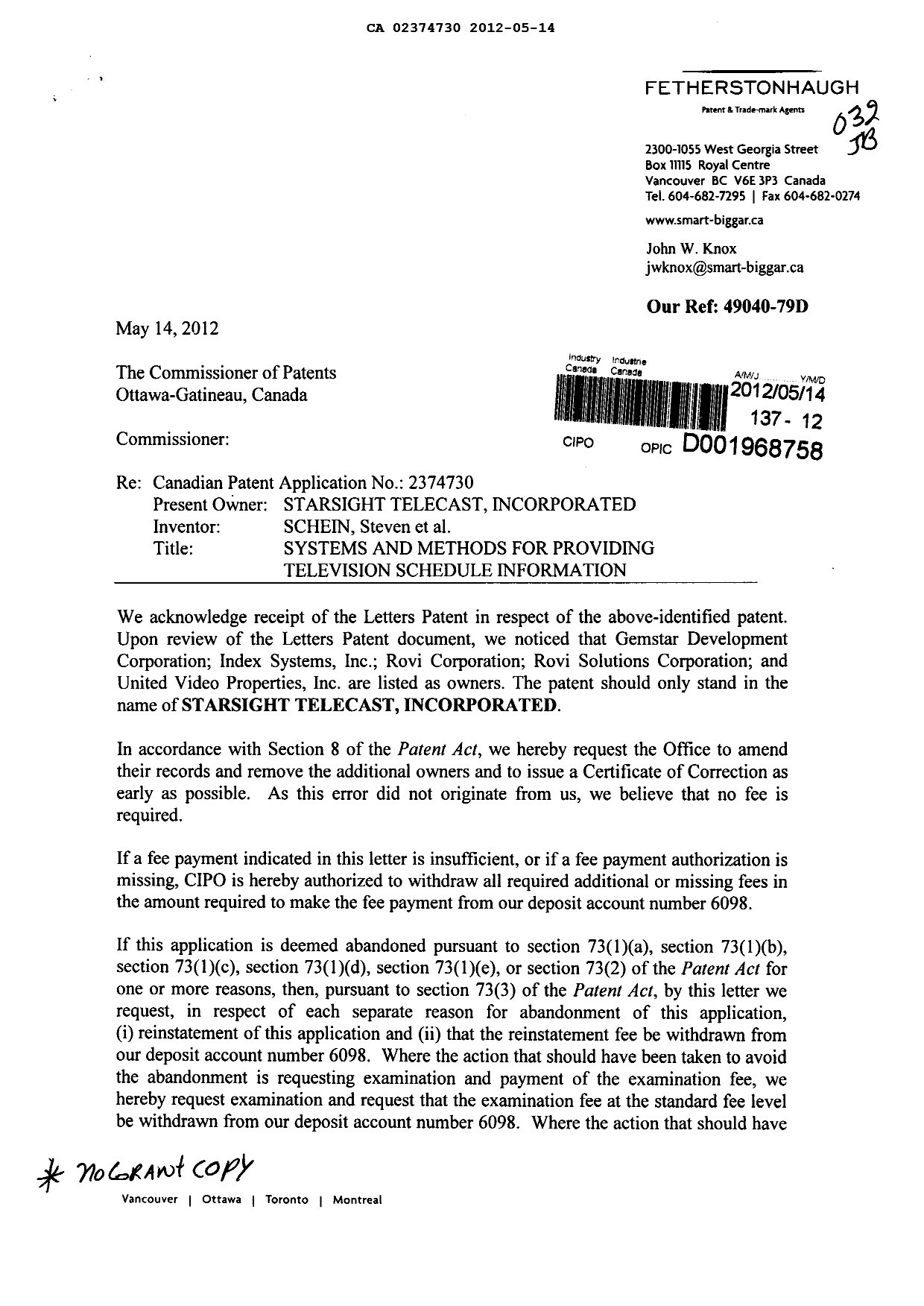Document de brevet canadien 2374730. Correspondance 20111214. Image 1 de 2