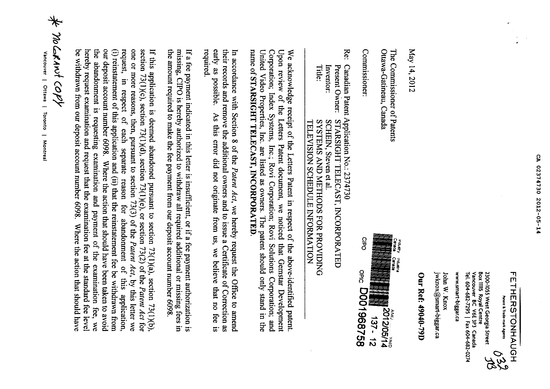 Canadian Patent Document 2374730. Correspondence 20111214. Image 1 of 2