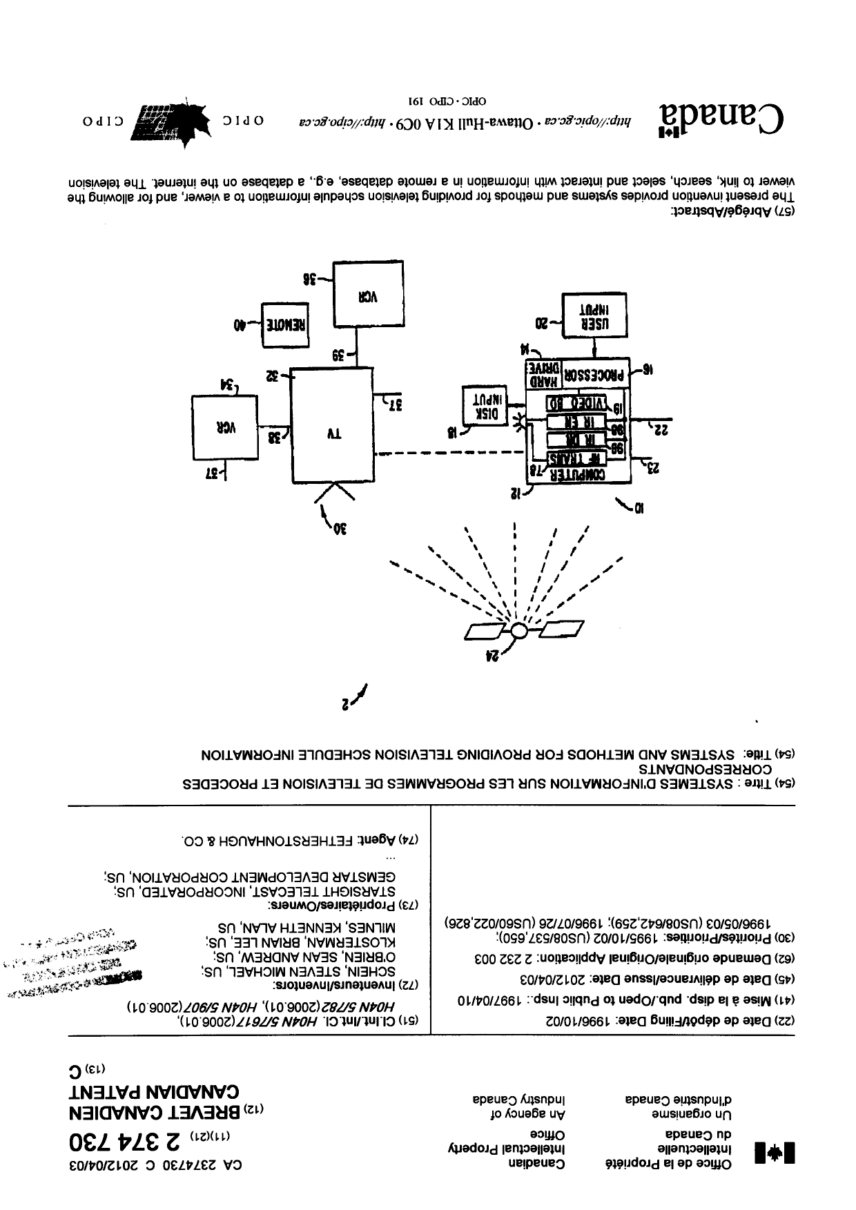 Canadian Patent Document 2374730. Cover Page 20111231. Image 1 of 3