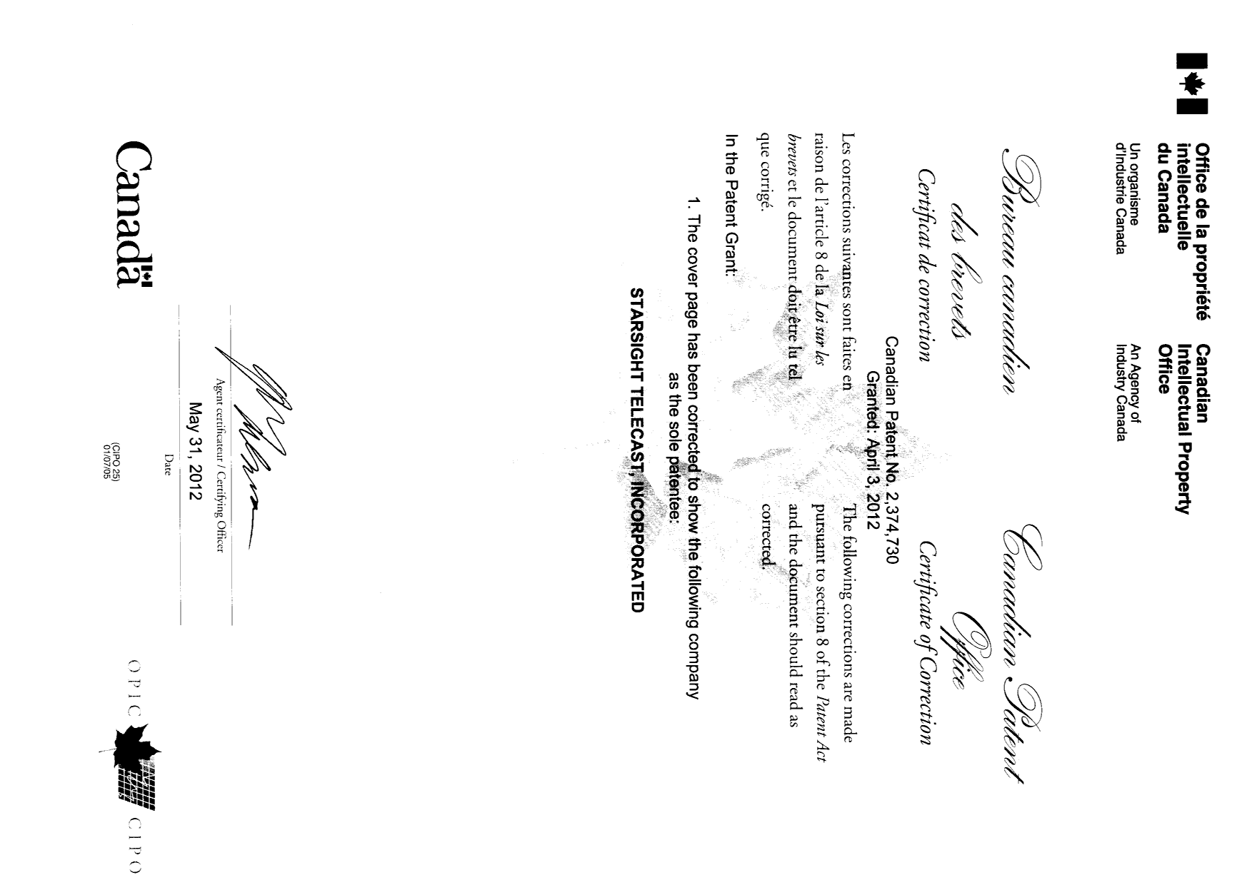 Document de brevet canadien 2374730. Page couverture 20111231. Image 3 de 3