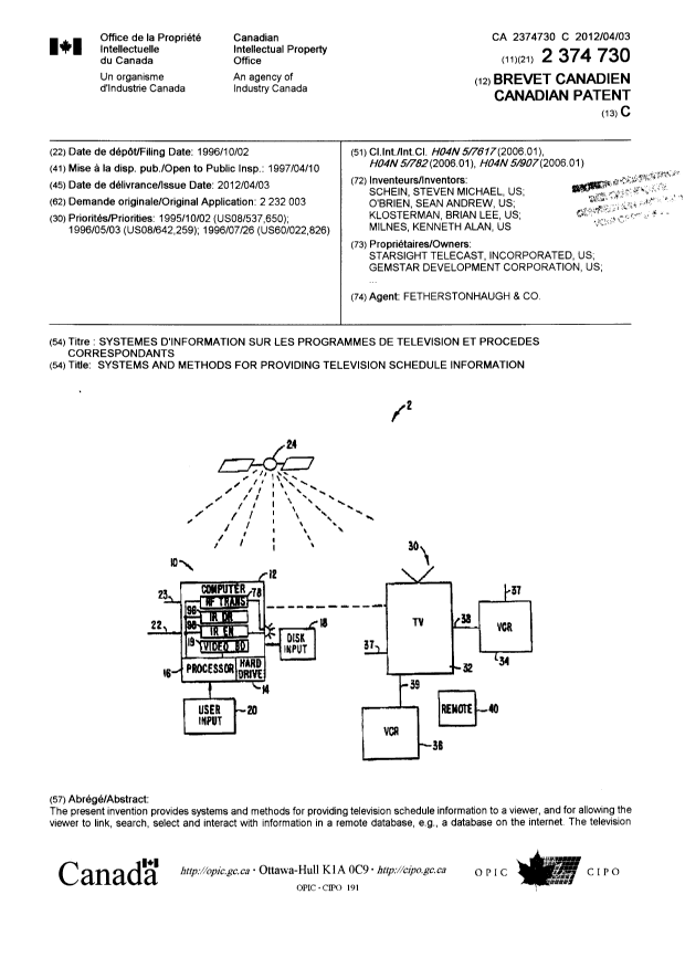 Document de brevet canadien 2374730. Page couverture 20120531. Image 1 de 3