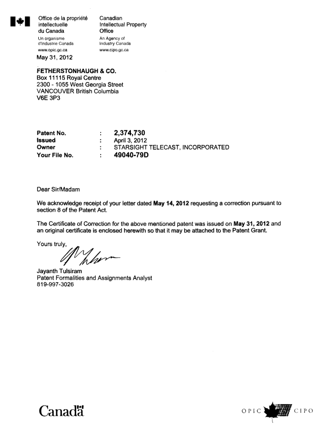 Document de brevet canadien 2374730. Poursuite-Amendment 20120531. Image 1 de 2