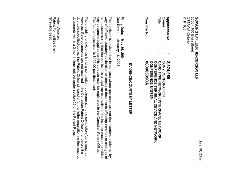 Document de brevet canadien 2374959. Correspondance 20020709. Image 1 de 1