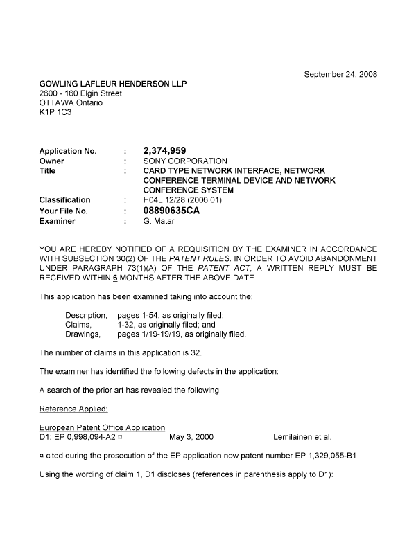 Document de brevet canadien 2374959. Poursuite-Amendment 20080924. Image 1 de 2