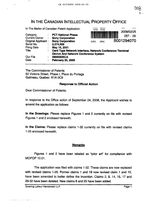 Document de brevet canadien 2374959. Poursuite-Amendment 20090225. Image 1 de 11