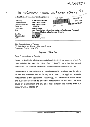 Document de brevet canadien 2374959. Correspondance 20091013. Image 1 de 2