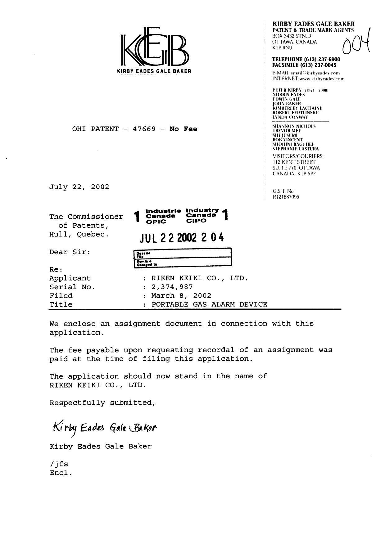 Document de brevet canadien 2374987. Cession 20020722. Image 1 de 2