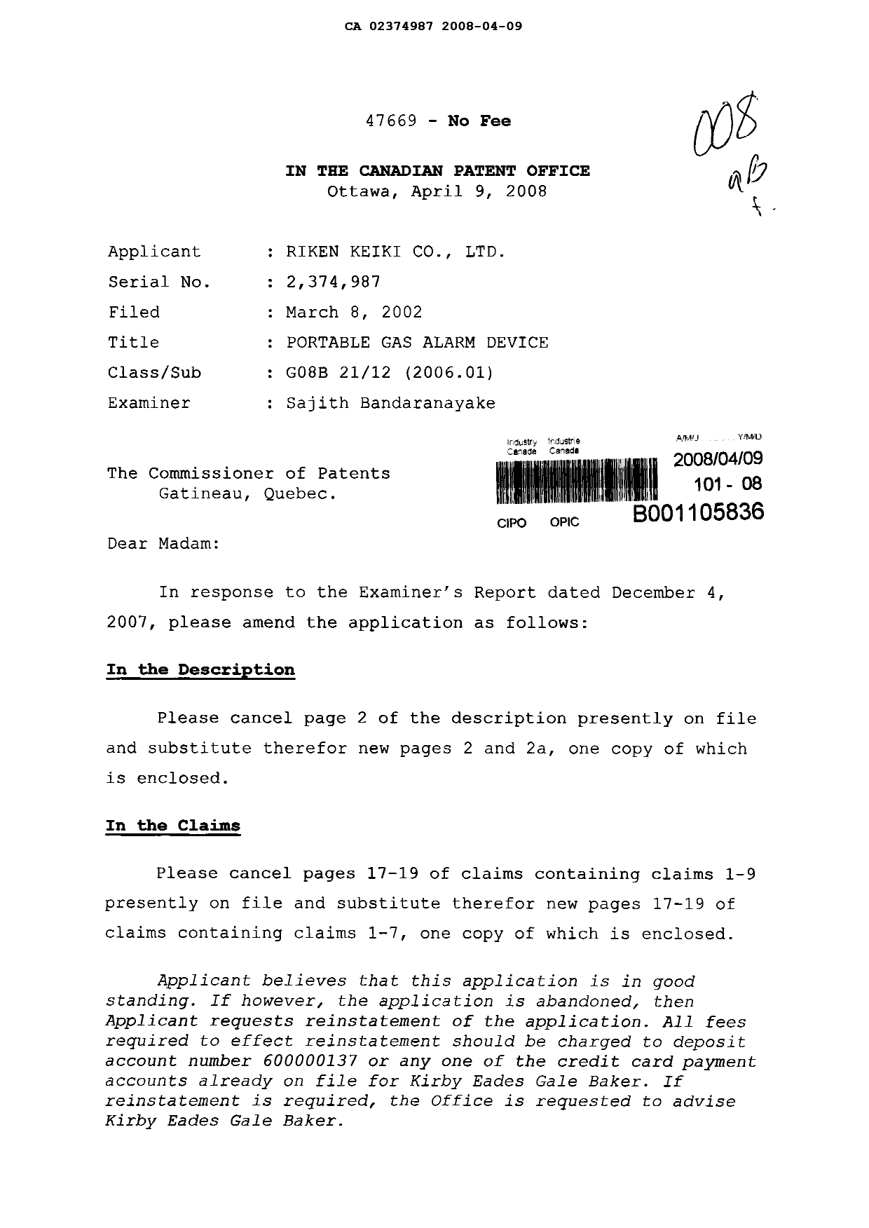 Document de brevet canadien 2374987. Poursuite-Amendment 20080409. Image 1 de 10