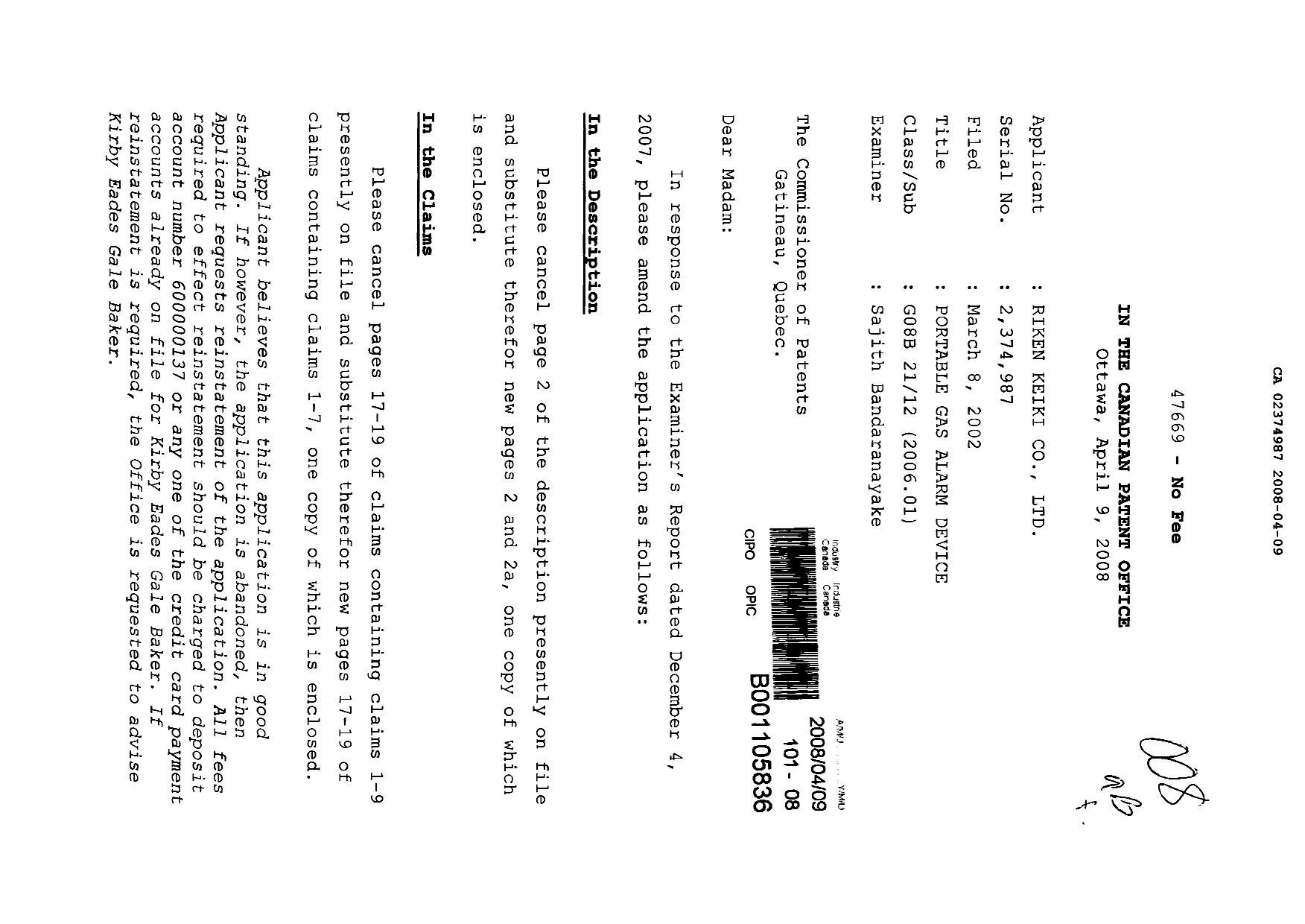 Canadian Patent Document 2374987. Prosecution-Amendment 20080409. Image 1 of 10