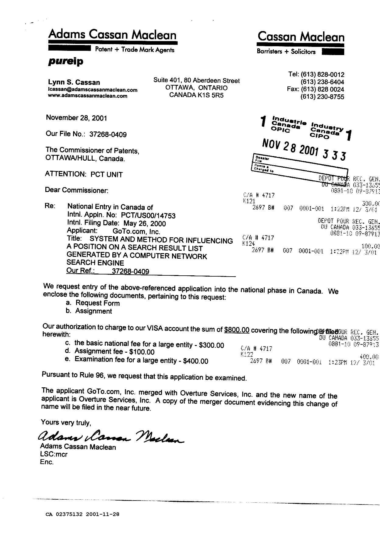 Document de brevet canadien 2375132. Cession 20011128. Image 1 de 12