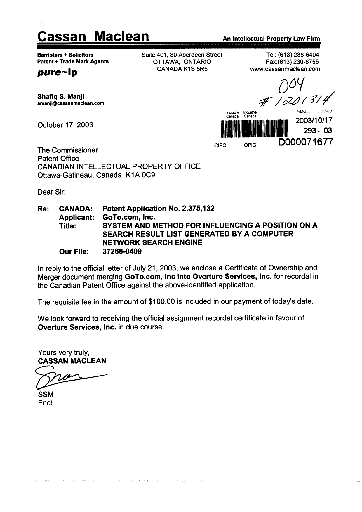 Document de brevet canadien 2375132. Cession 20031017. Image 1 de 5