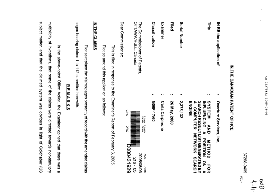 Canadian Patent Document 2375132. Prosecution-Amendment 20041203. Image 1 of 24