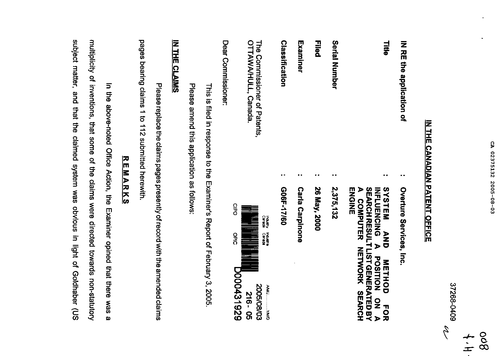 Document de brevet canadien 2375132. Poursuite-Amendment 20050803. Image 1 de 24