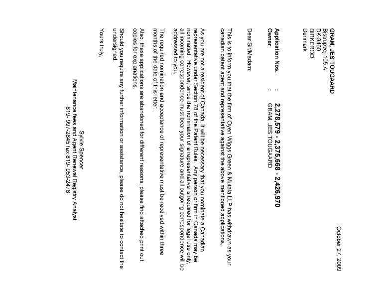 Document de brevet canadien 2375668. Correspondance 20091027. Image 1 de 1