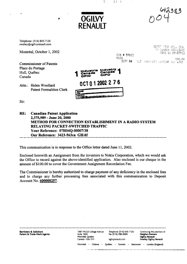 Document de brevet canadien 2375989. Cession 20021001. Image 1 de 3