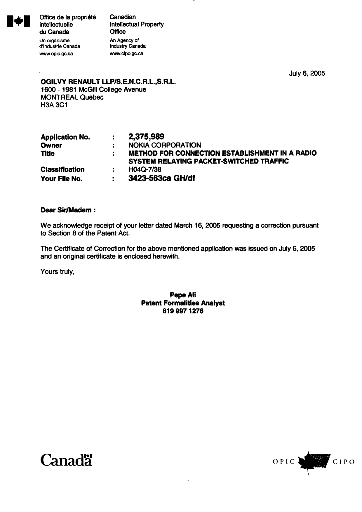 Document de brevet canadien 2375989. Poursuite-Amendment 20050706. Image 1 de 2