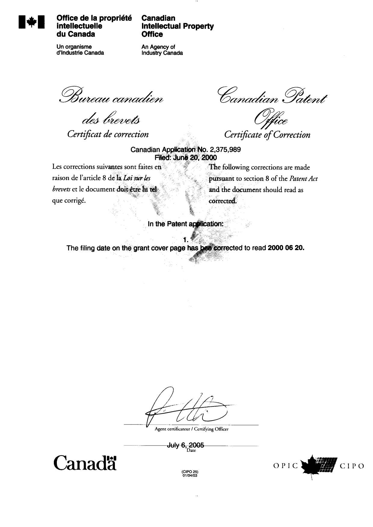 Canadian Patent Document 2375989. Prosecution-Amendment 20050706. Image 2 of 2