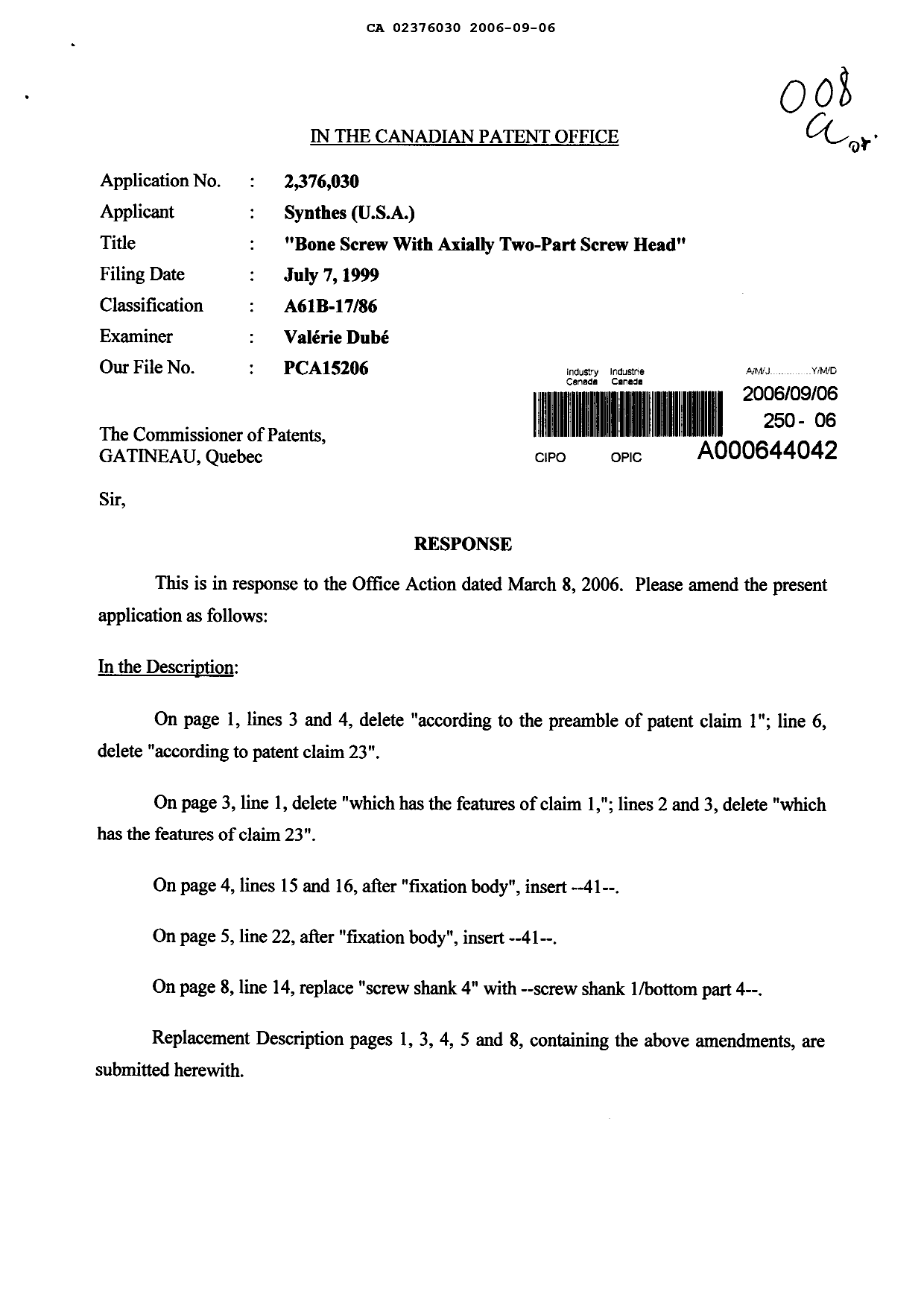 Document de brevet canadien 2376030. Poursuite-Amendment 20060906. Image 1 de 16