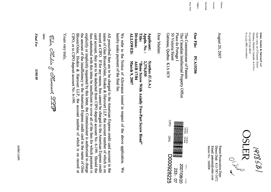 Document de brevet canadien 2376030. Correspondance 20070820. Image 1 de 1