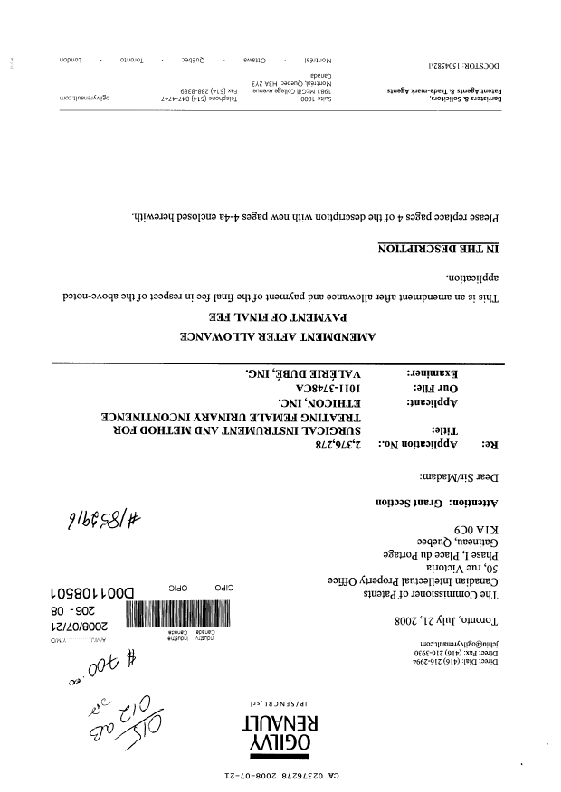 Canadian Patent Document 2376278. Prosecution-Amendment 20080721. Image 1 of 5
