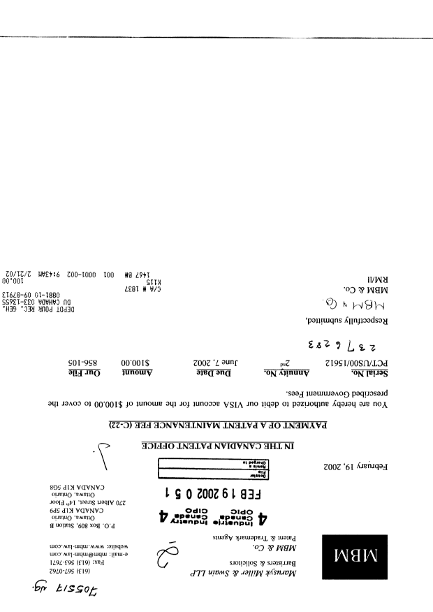 Document de brevet canadien 2376283. Taxes 20011219. Image 1 de 1