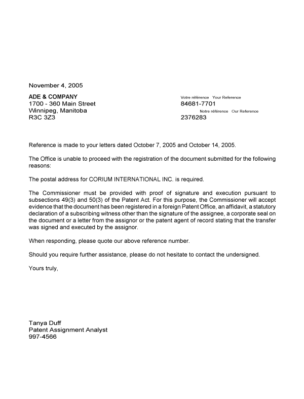 Document de brevet canadien 2376283. Correspondance 20041204. Image 1 de 1