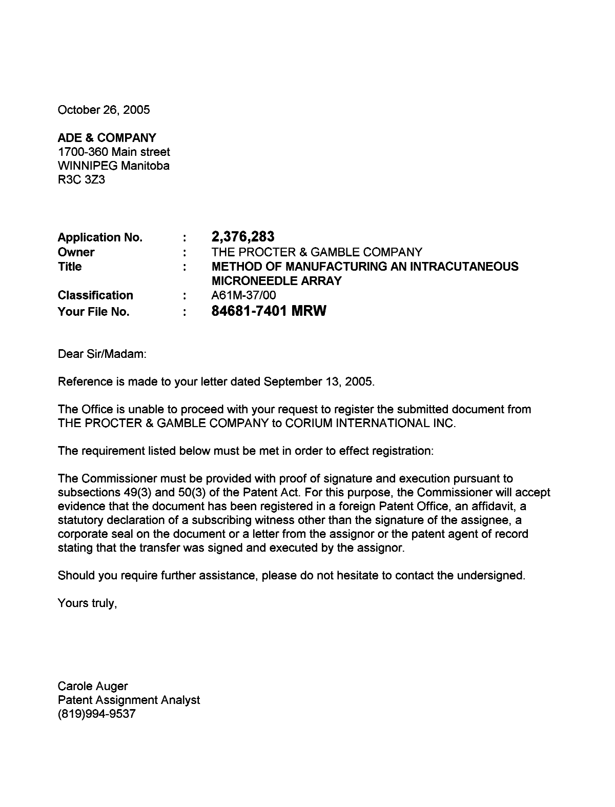 Document de brevet canadien 2376283. Correspondance 20041226. Image 1 de 1