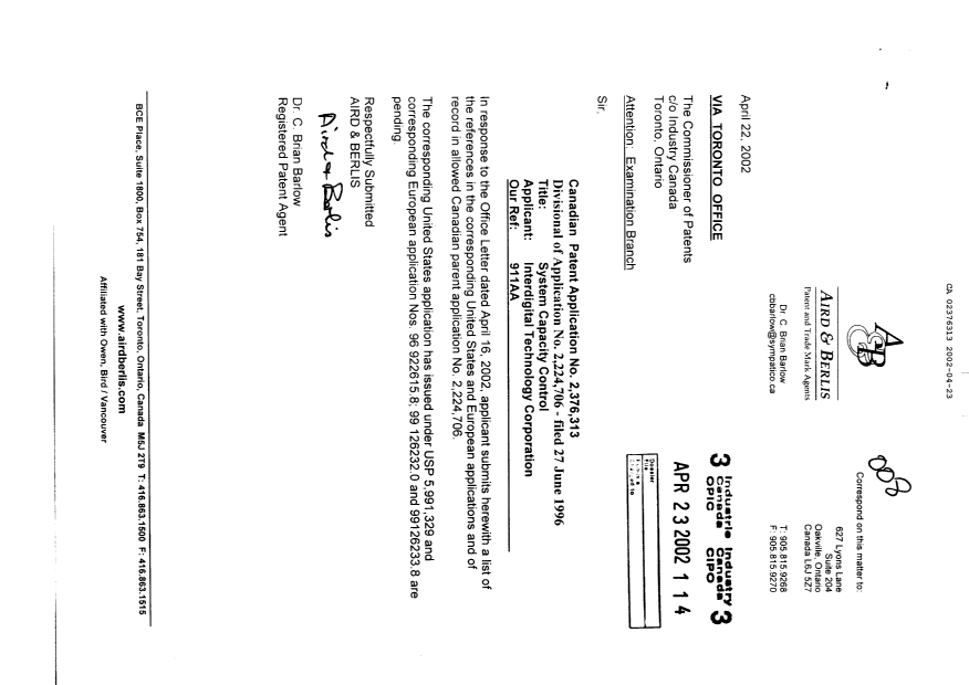 Document de brevet canadien 2376313. Poursuite-Amendment 20020423. Image 1 de 4