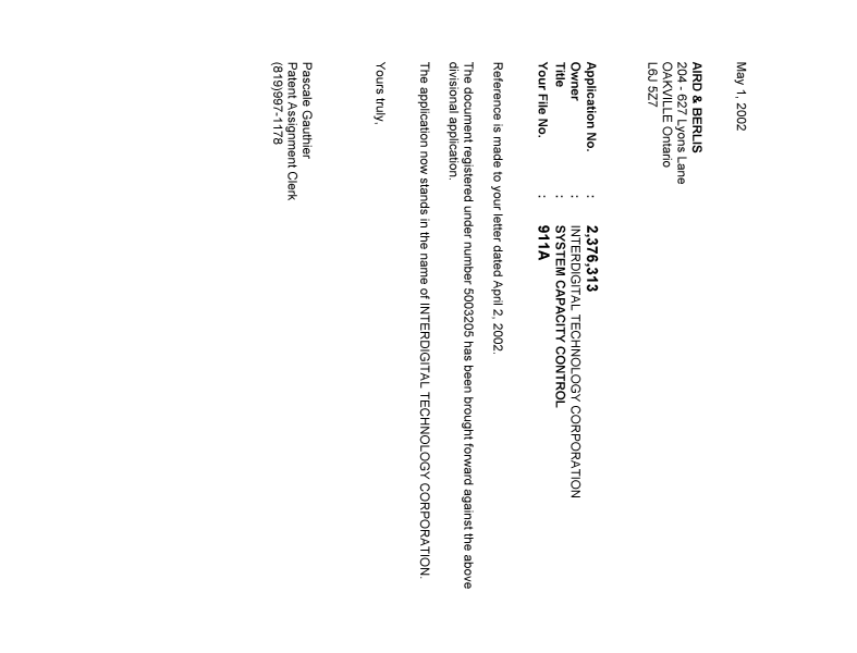 Document de brevet canadien 2376313. Correspondance 20020501. Image 1 de 1