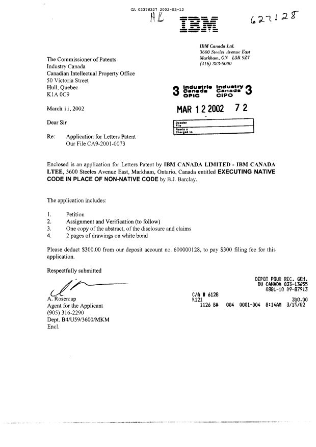 Document de brevet canadien 2376327. Cession 20020312. Image 1 de 2