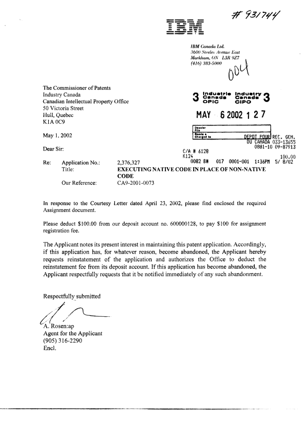 Document de brevet canadien 2376327. Cession 20020506. Image 1 de 2