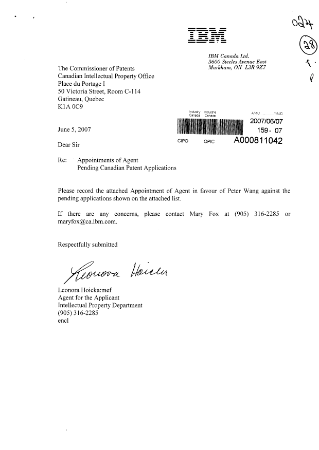 Document de brevet canadien 2376327. Correspondance 20070607. Image 1 de 3
