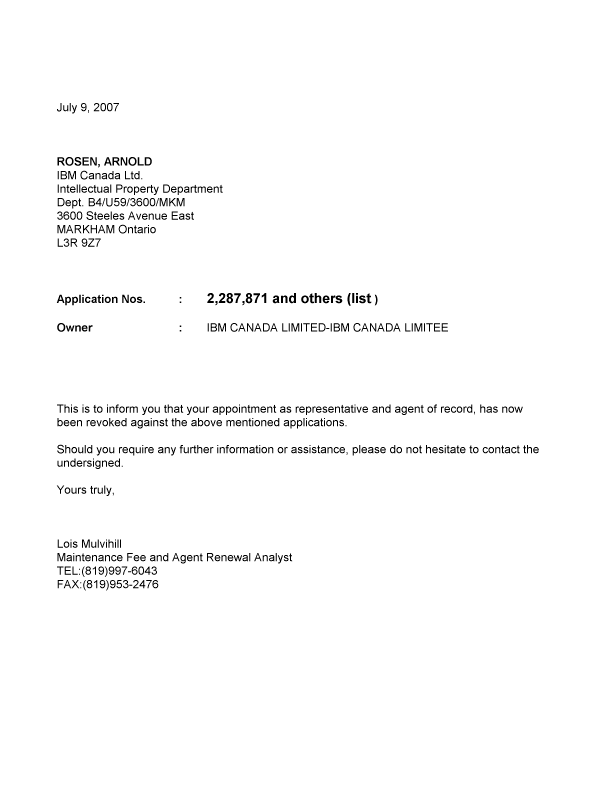 Document de brevet canadien 2376327. Correspondance 20070709. Image 1 de 1