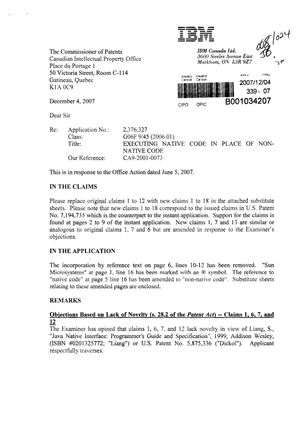 Document de brevet canadien 2376327. Correspondance 20071204. Image 1 de 6