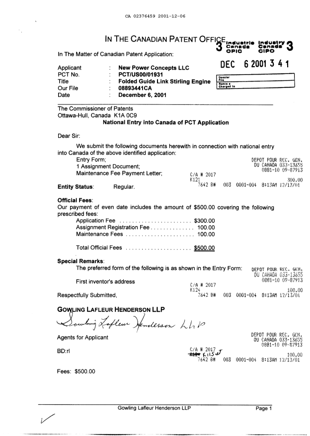 Document de brevet canadien 2376459. Cession 20011206. Image 1 de 8