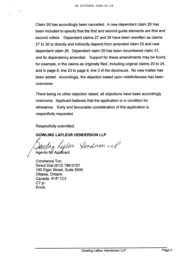 Document de brevet canadien 2376459. Poursuite-Amendment 20080229. Image 2 de 4