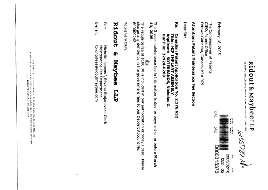 Document de brevet canadien 2376652. Taxes 20050218. Image 1 de 1