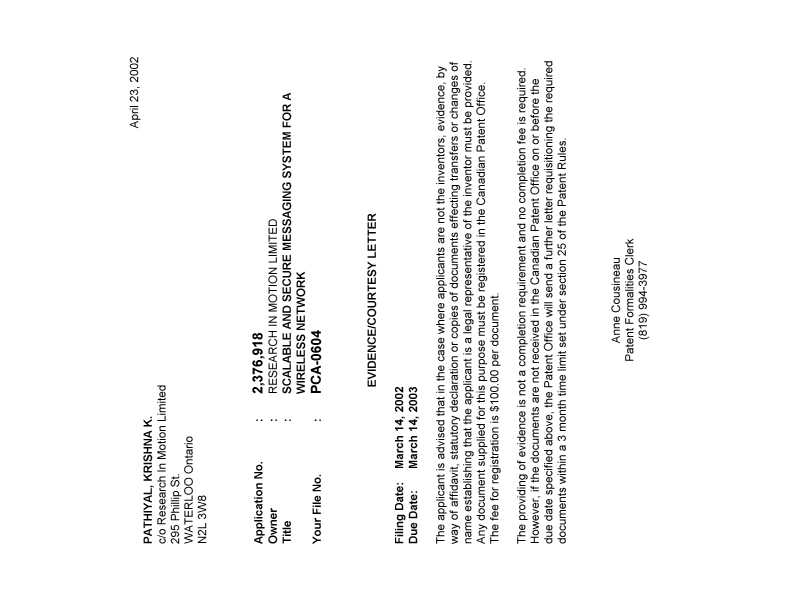 Canadian Patent Document 2376918. Correspondence 20020418. Image 1 of 1