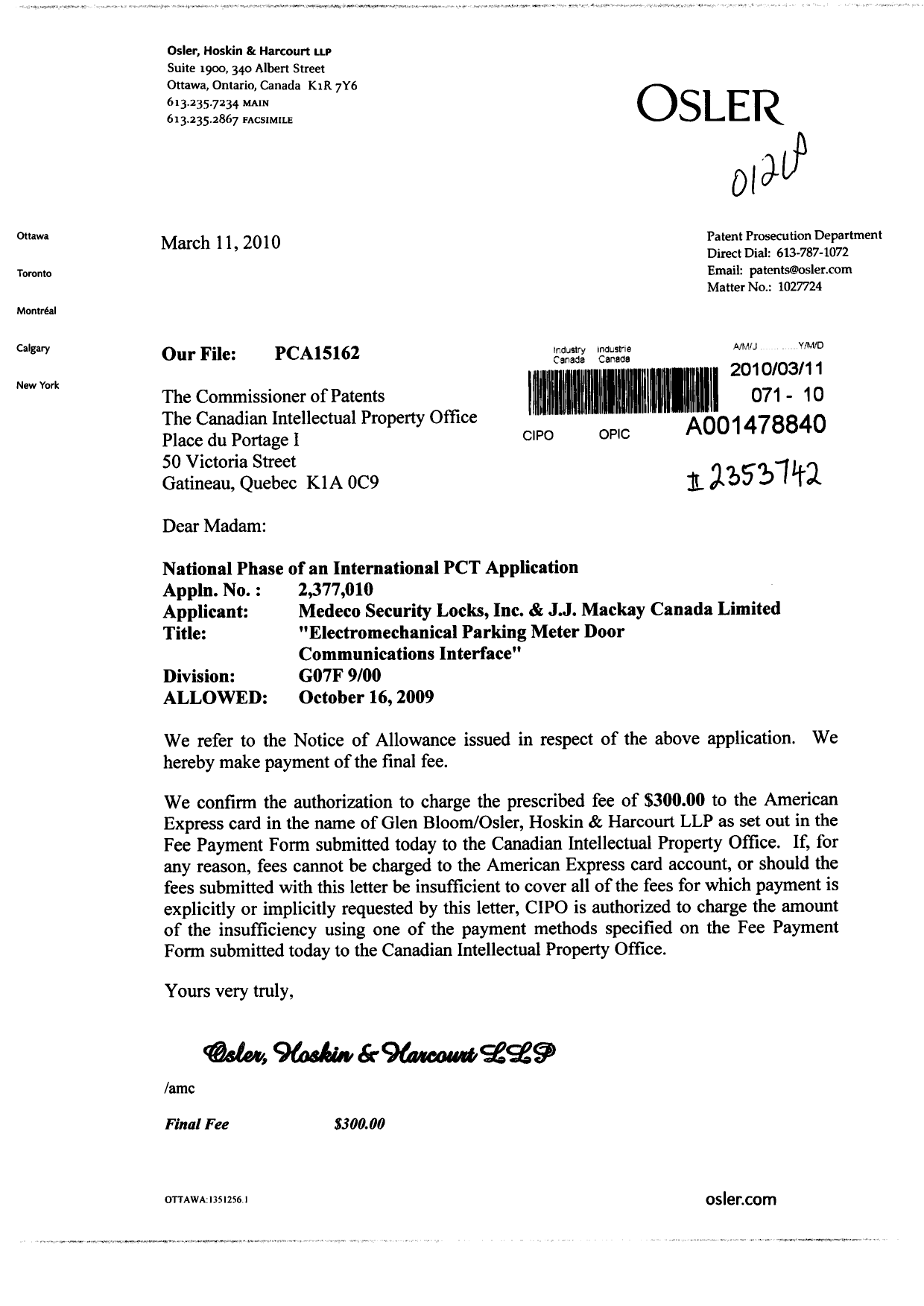 Document de brevet canadien 2377010. Correspondance 20100311. Image 1 de 1