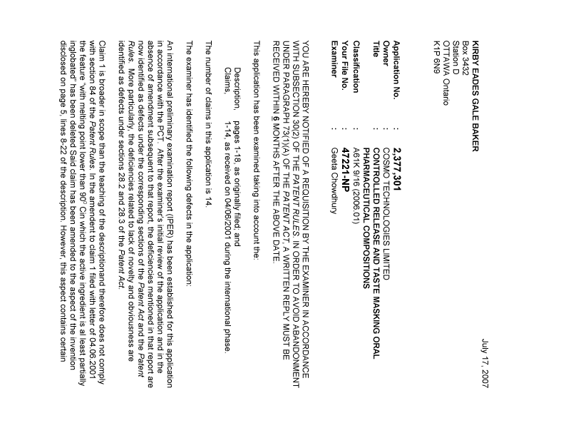 Canadian Patent Document 2377301. Prosecution-Amendment 20070717. Image 1 of 2