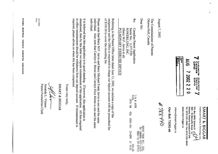 Document de brevet canadien 2377559. Cession 20020807. Image 1 de 5