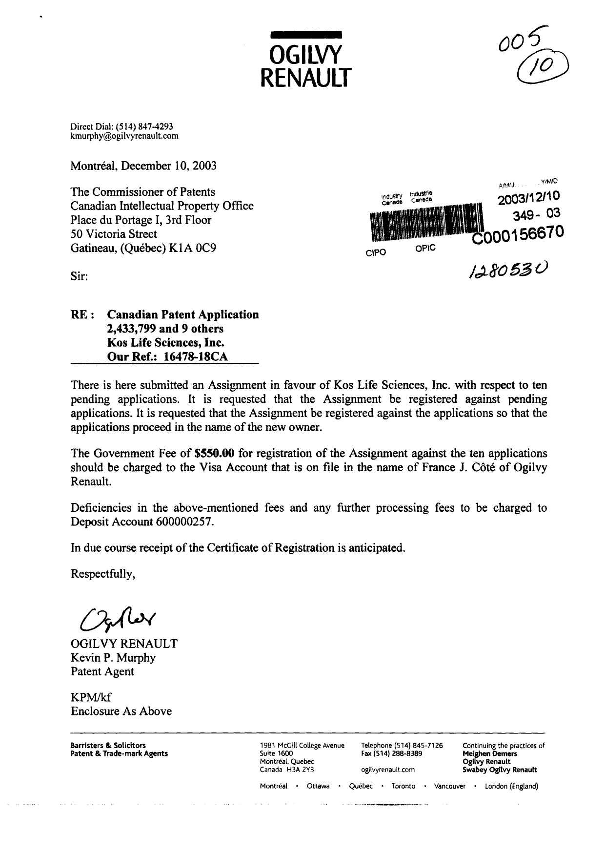 Document de brevet canadien 2377566. Cession 20031210. Image 1 de 3