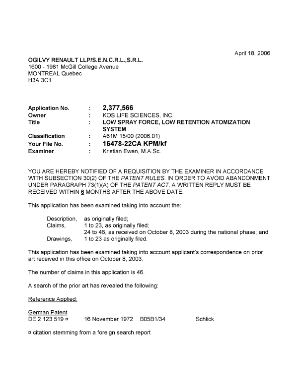 Canadian Patent Document 2377566. Prosecution-Amendment 20060418. Image 1 of 2